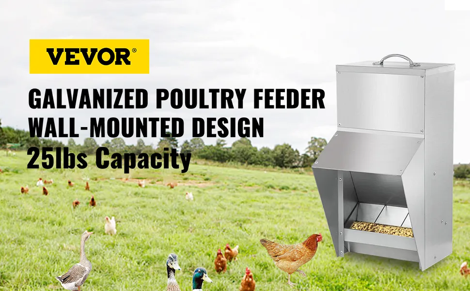 VEVOR galvanized poultry feeder in field with ducks and chickens, wall-mounted design 25lbs capacity.