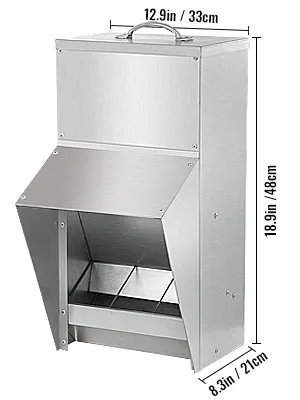 VEVOR galvanized poultry feeder with dimensions 12.9in x 18.9in x 8.3in.