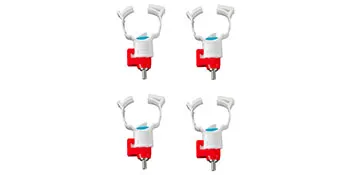 four red and white poultry waterer nipples in a VEVOR galvanized poultry feeder setup.