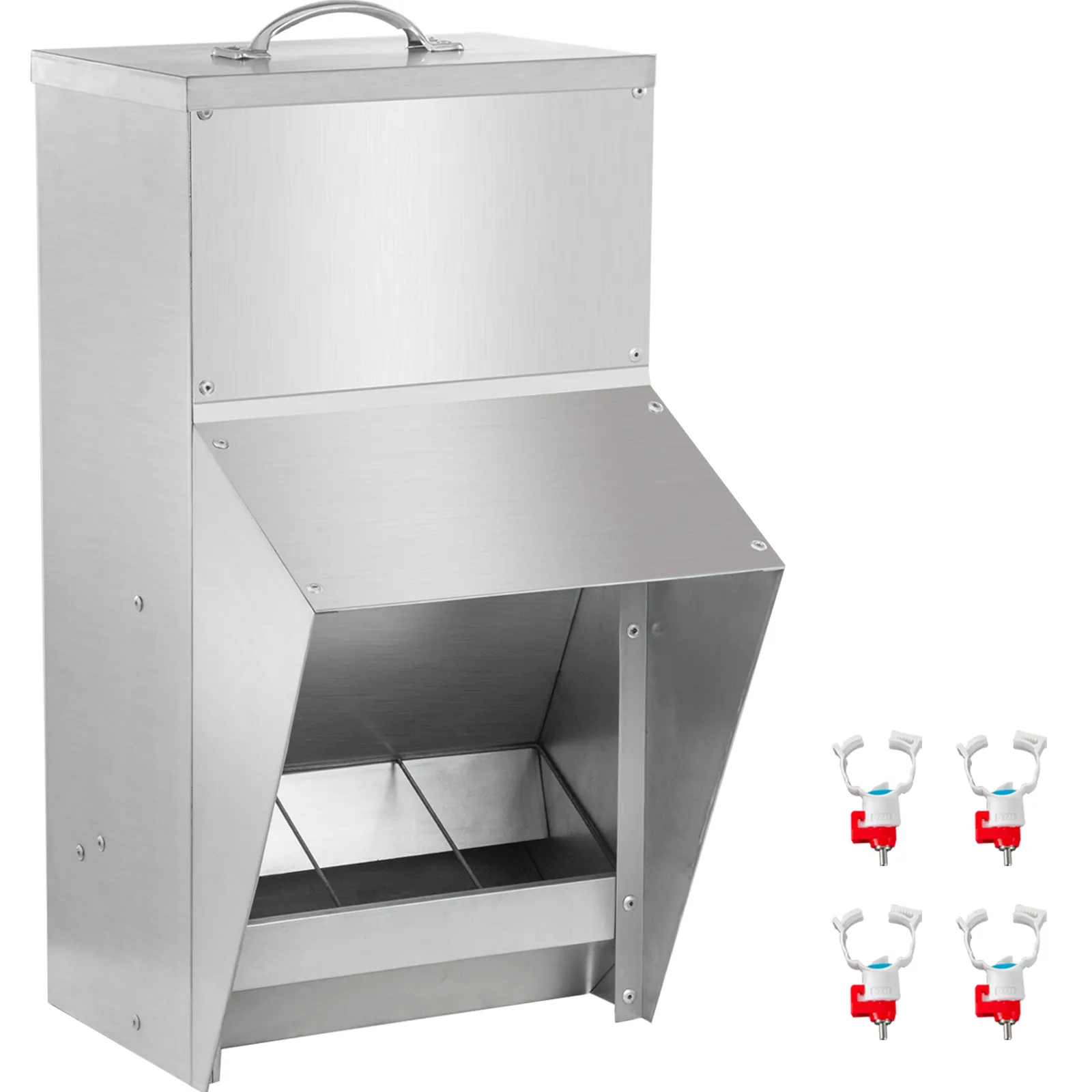 VEVOR galvanized poultry feeder with metal body and four red and white nipple drinkers.