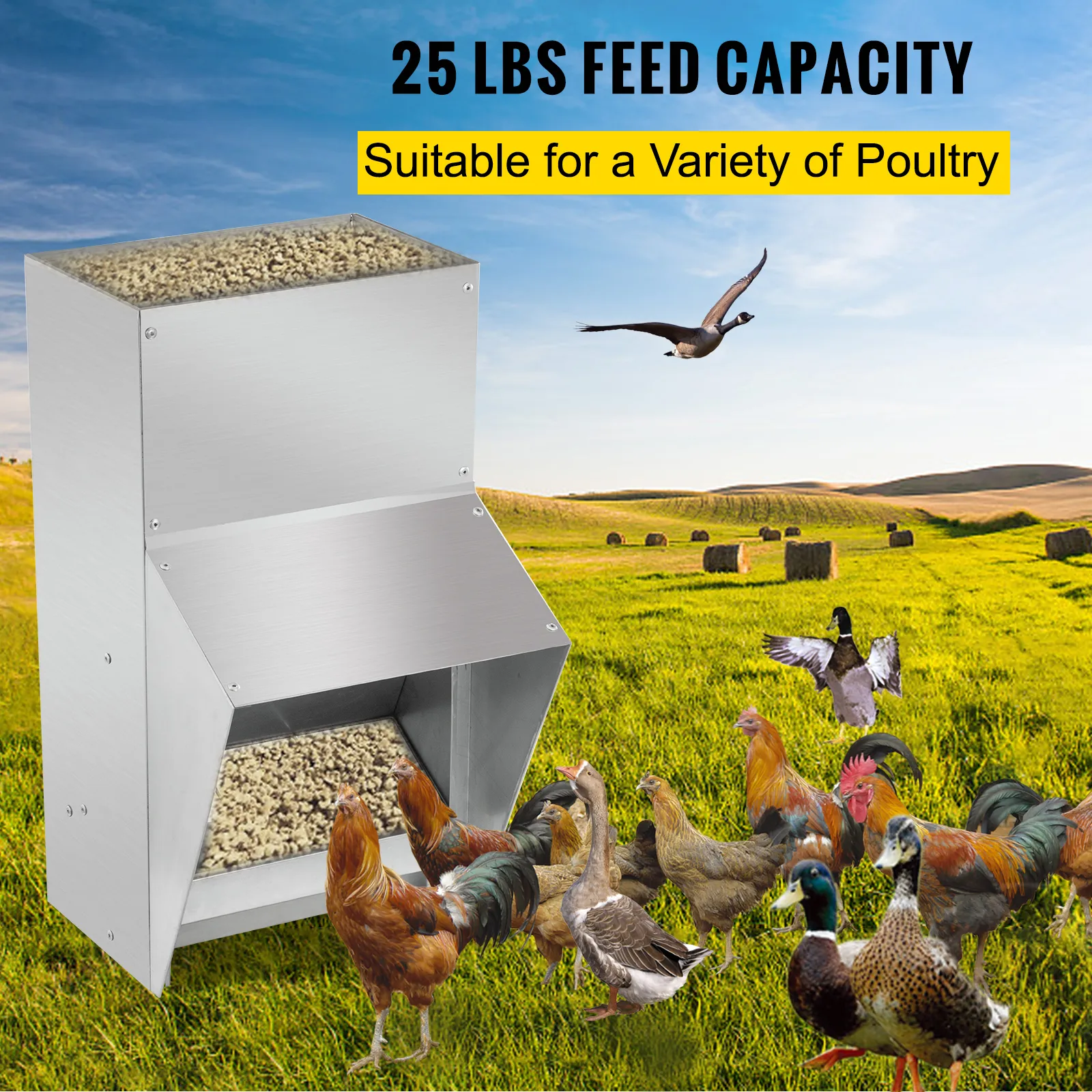 VEVOR galvanized poultry feeder in a field with various types of poultry.