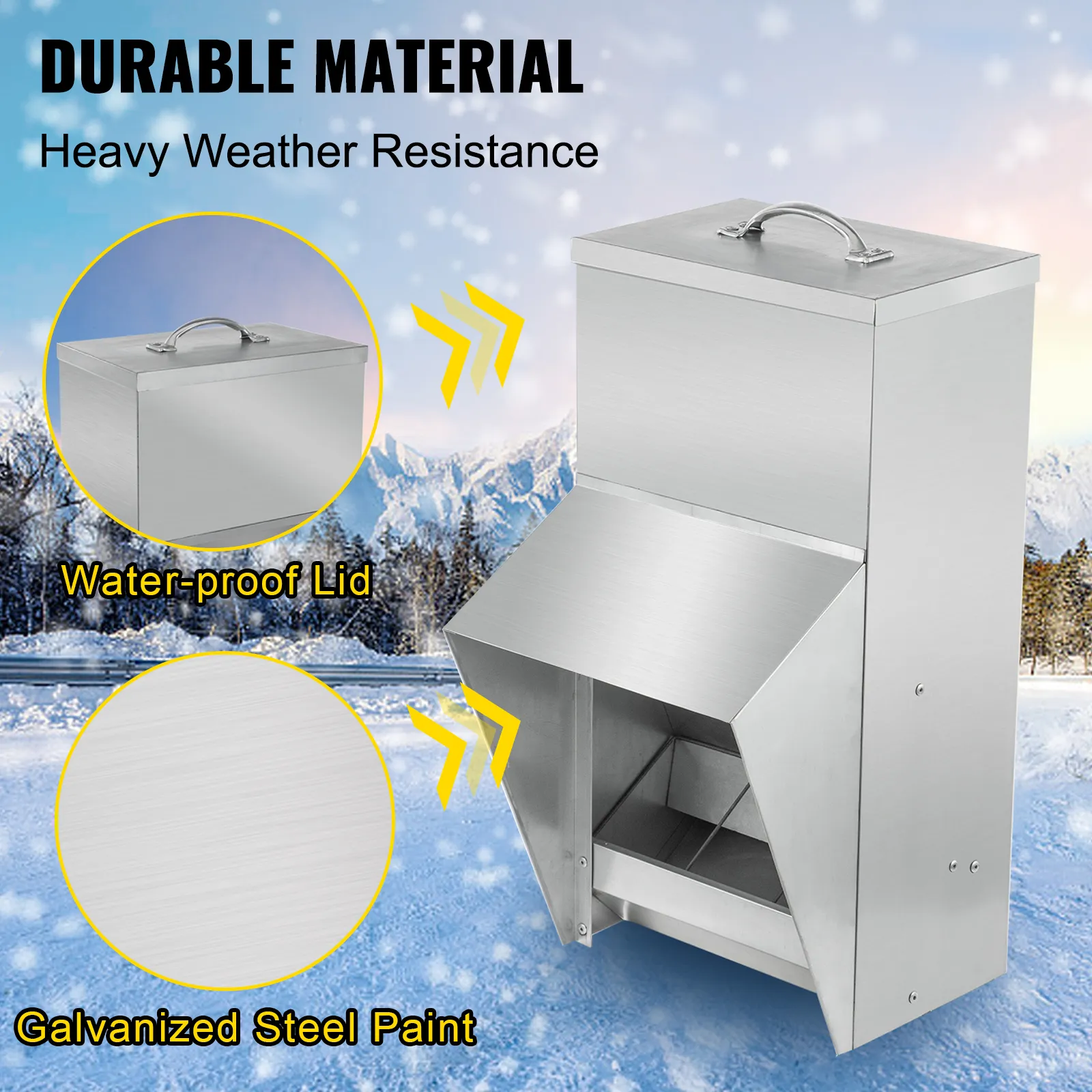 VEVOR galvanized poultry feeder with waterproof lid and galvanized steel paint.