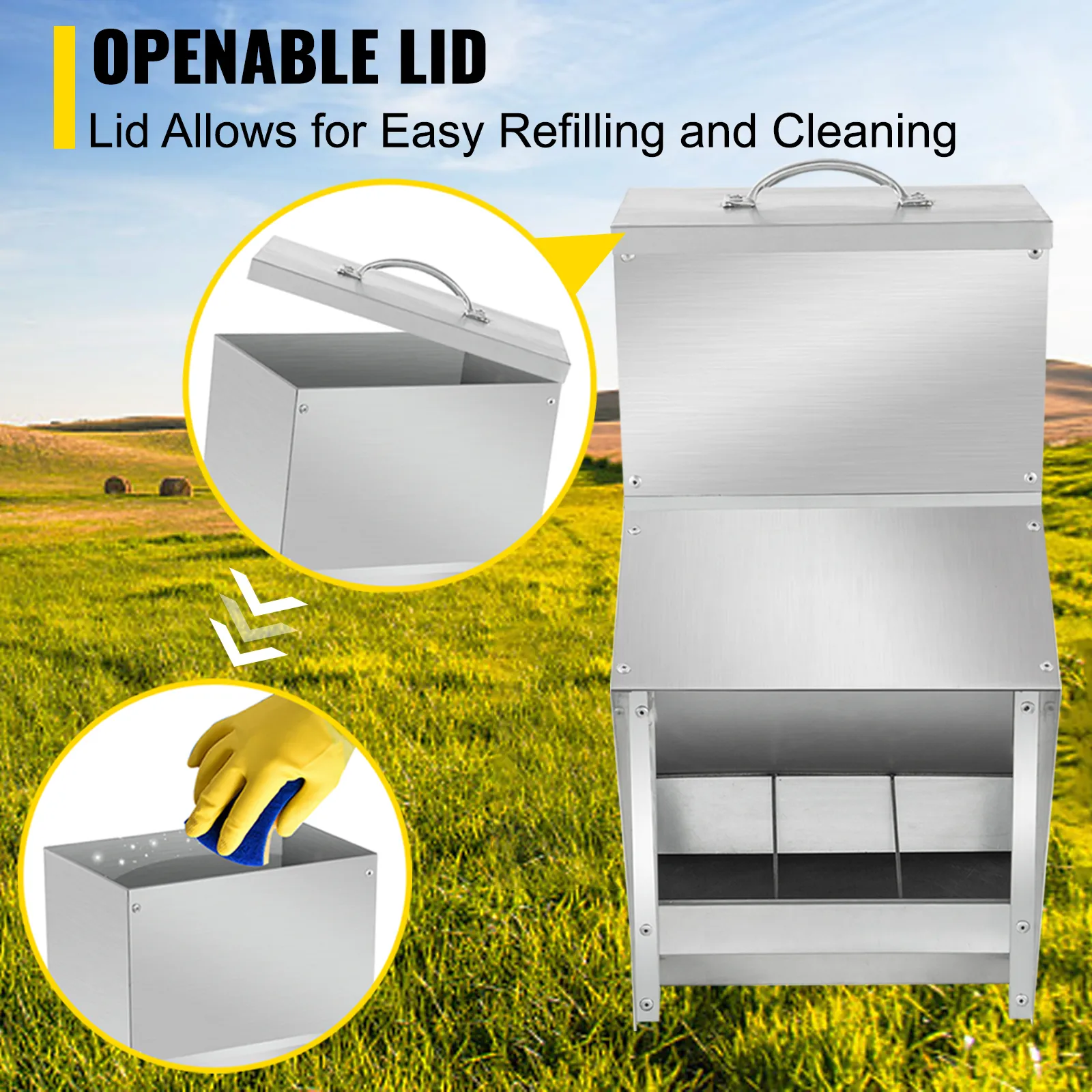 VEVOR galvanized poultry feeder showing openable lid for easy refilling and cleaning.