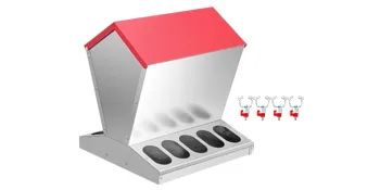 VEVOR galvanized poultry feeder with red roof and included drinker cups.