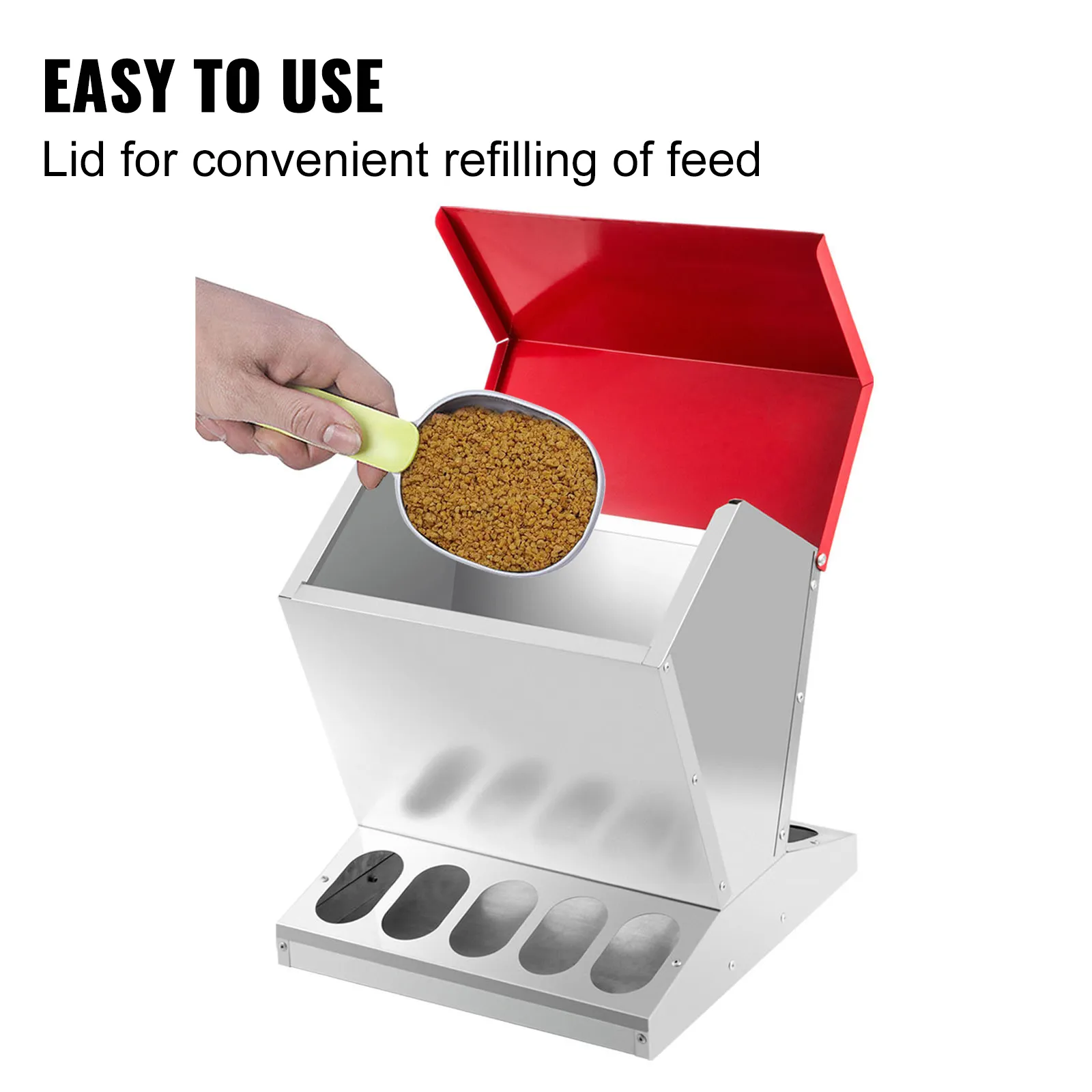 hand refilling VEVOR galvanized poultry feeder with lid open.