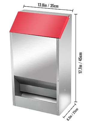 VEVOR galvanized poultry feeder with red lid, 17.7x13.8x8.3in dimensions.