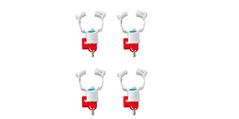 four VEVOR poultry feeder nipples with red and white components arranged in two rows.