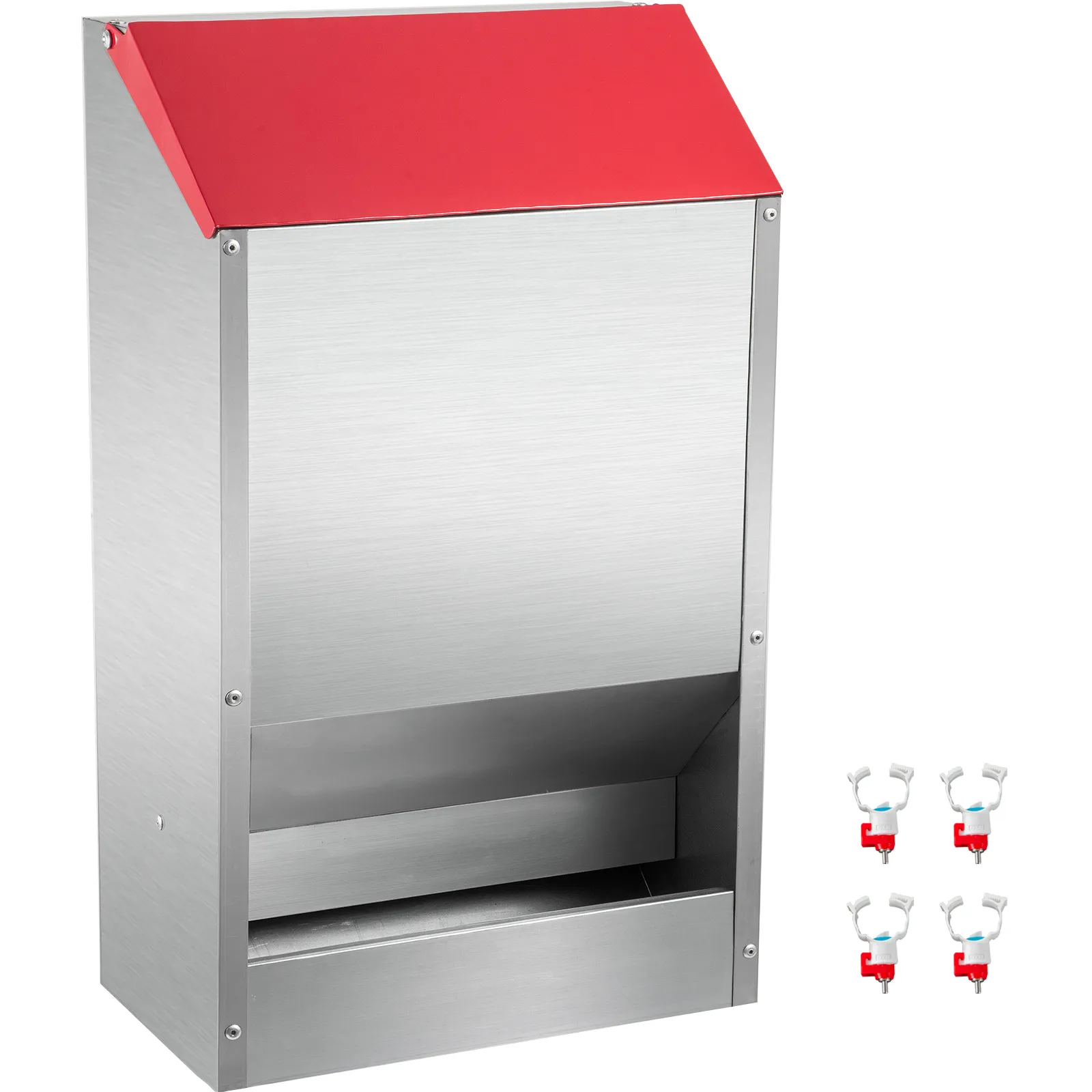 VEVOR galvanized poultry feeder with red lid and four water nipple drinkers.