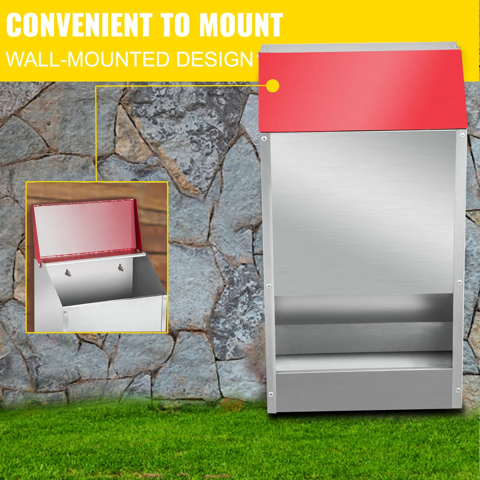 VEVOR galvanized poultry feeder with wall-mounted design and red lid against stone background.