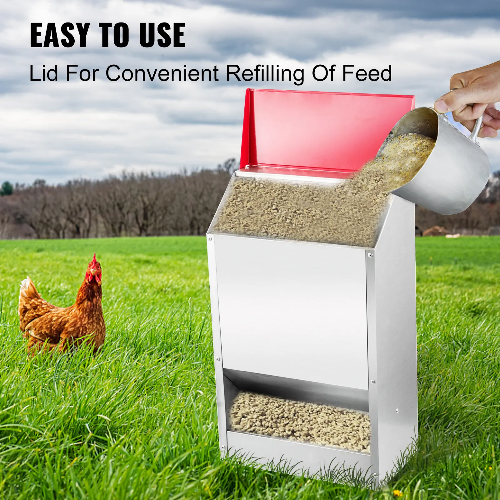 VEVOR galvanized poultry feeder in a field, easy to use with lid for refilling.
