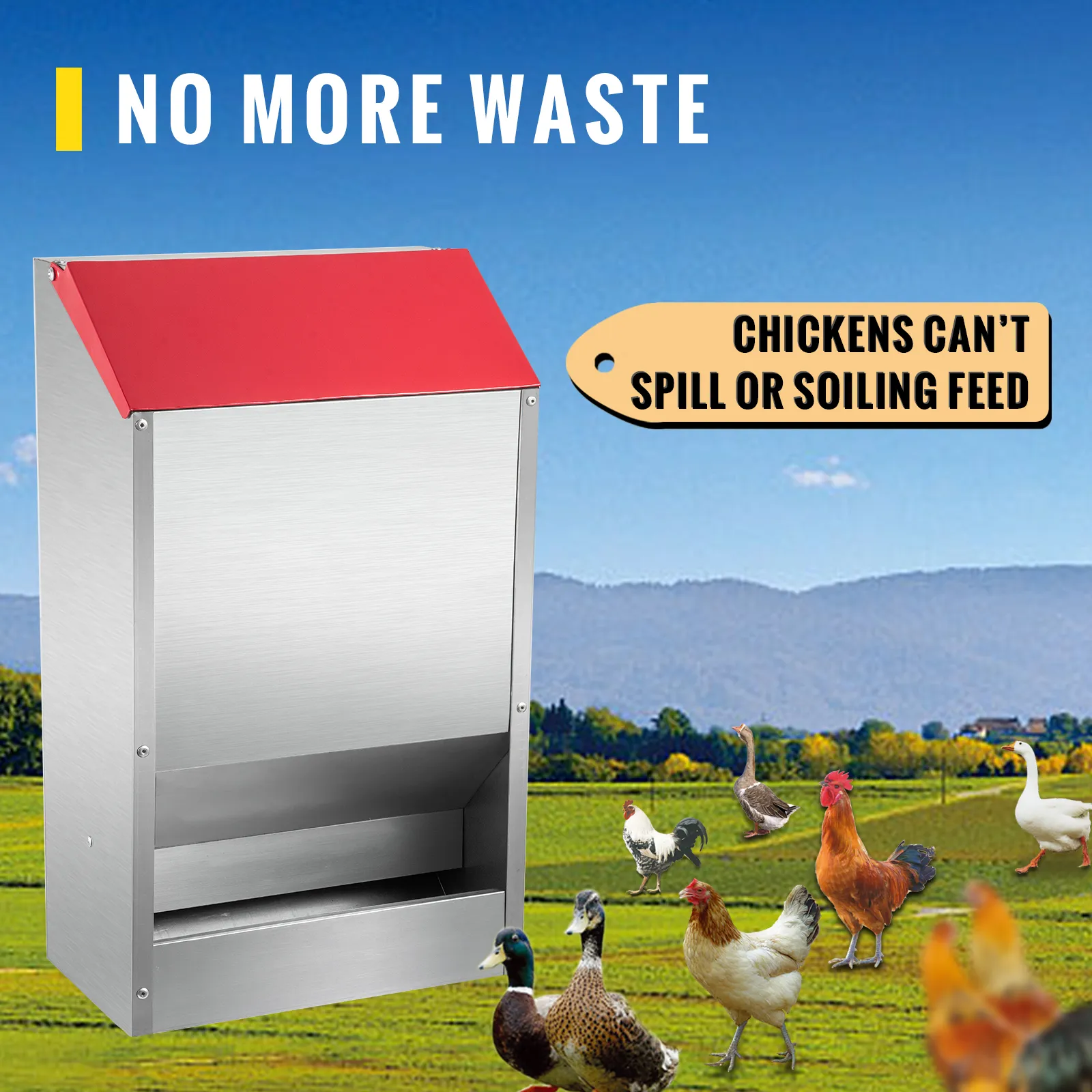VEVOR galvanized poultry feeder with red lid, chickens in a grassy field. "no more waste".