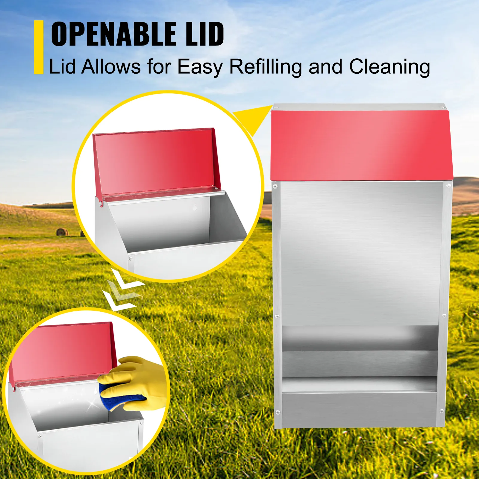VEVOR galvanized poultry feeder with openable red lid for easy refilling and cleaning.