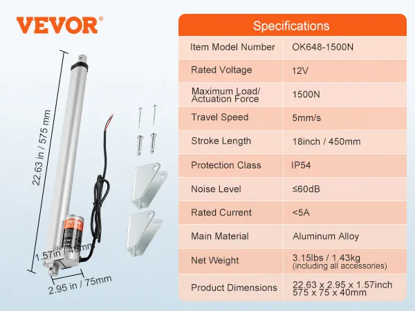 Attuatore lineare VEVOR con staffe di montaggio e specifiche, tra cui 12 V, forza 1500 N e IP54.