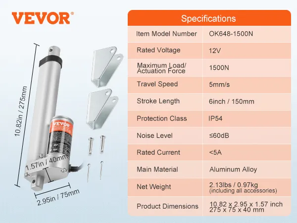 VEVOR 12v lineaire actuator met montagebeugels, gedetailleerde specificaties, aluminiumlegering, kracht van 1500n.