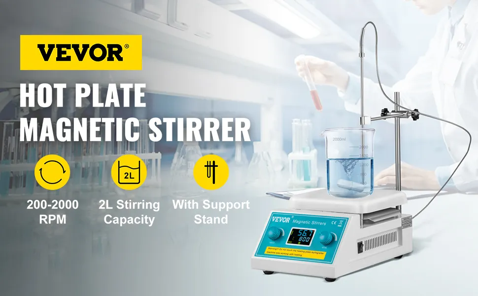 Agitador magnético de placa calefactora VEVOR con capacidad de 2l y velocidad de 200-2000 rpm.