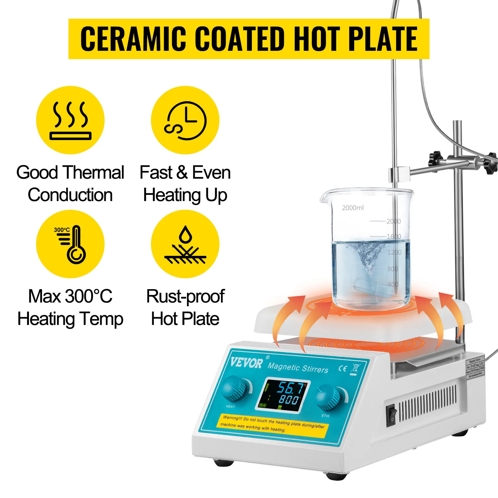 Placa agitadora magnética VEVOR con revestimiento cerámico y pantalla digital para un calentamiento preciso.