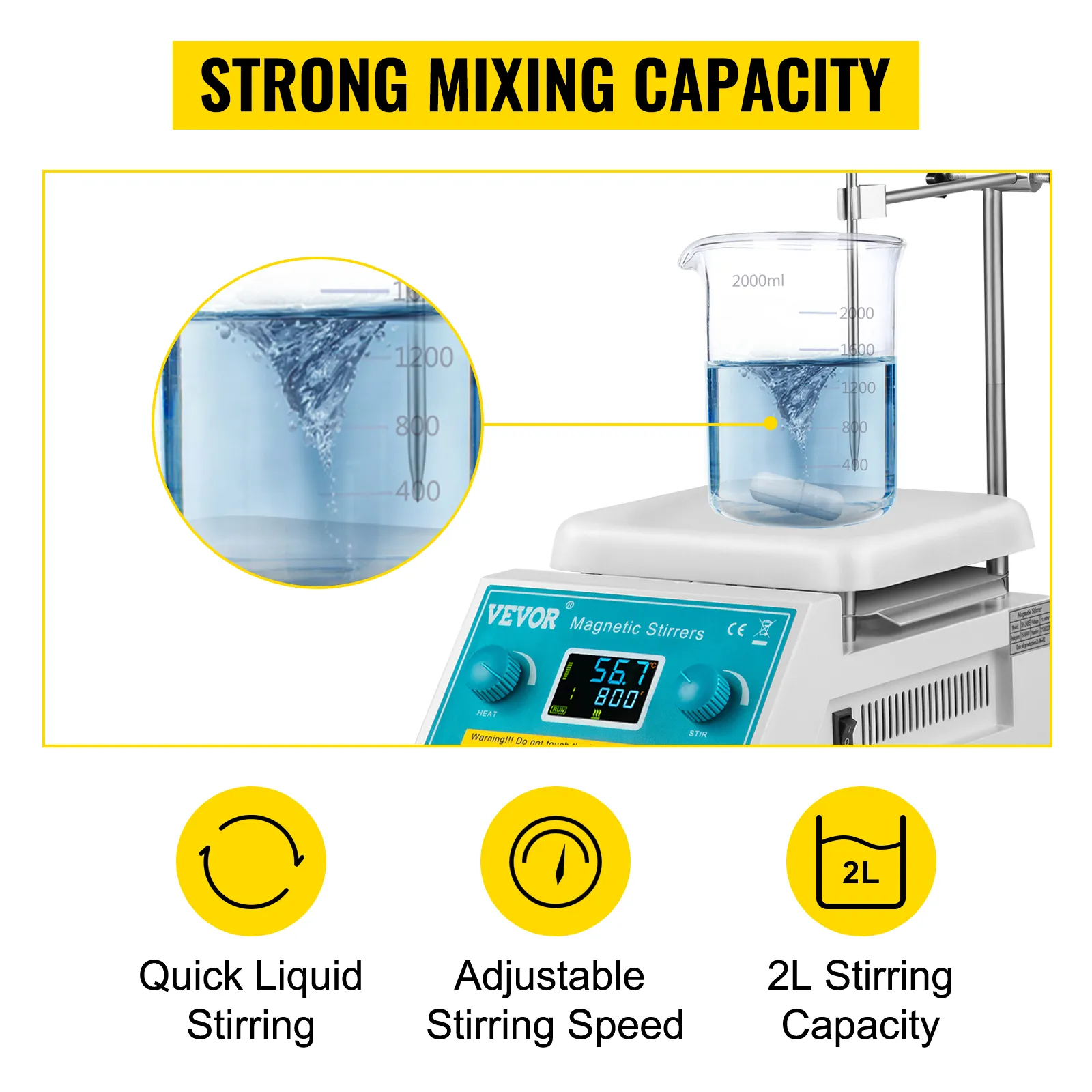 Agitador magnético de placa calefactora VEVOR con velocidad regulable y capacidad de agitación de 2l.
