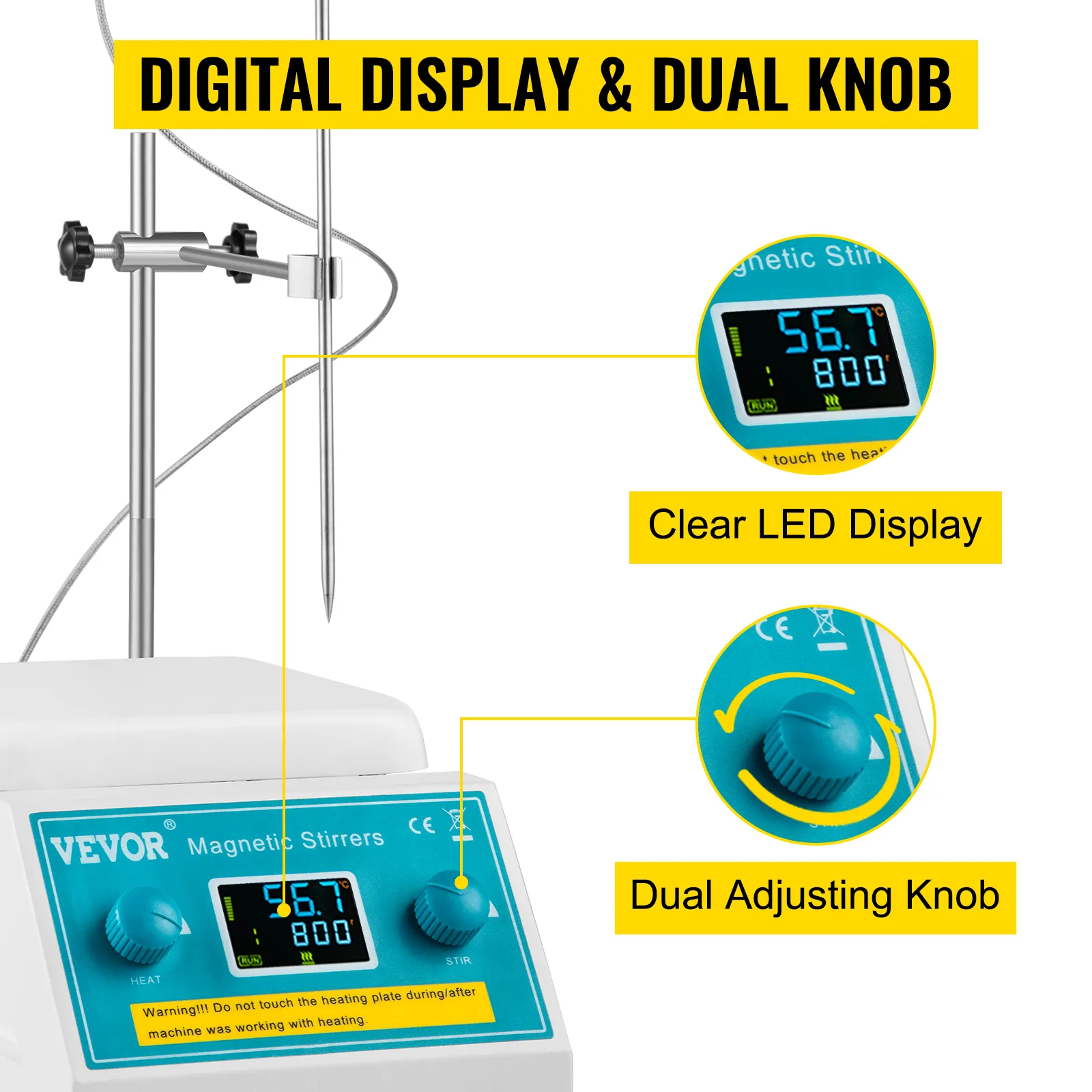 Placa calefactora agitadora magnética VEVOR con pantalla LED clara y perillas de ajuste dobles.
