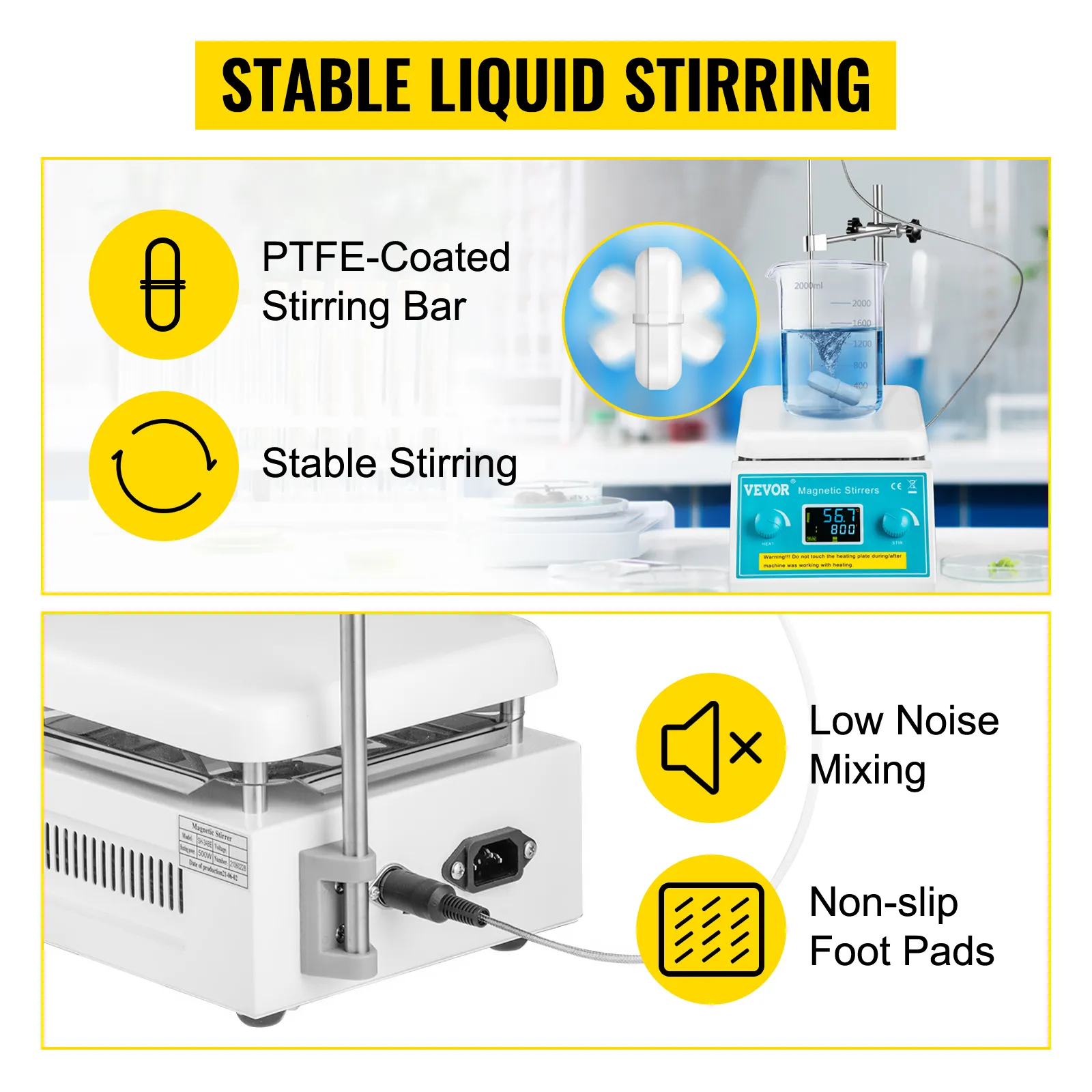 Placa calefactora agitadora magnética VEVOR con barra agitadora revestida de PTFE, agitación estable y mezcla de bajo ruido.