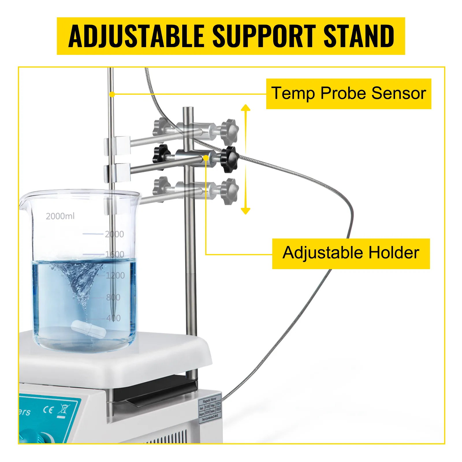 Placa calefactora agitadora magnética VEVOR con soporte ajustable y sensor de sonda de temperatura.