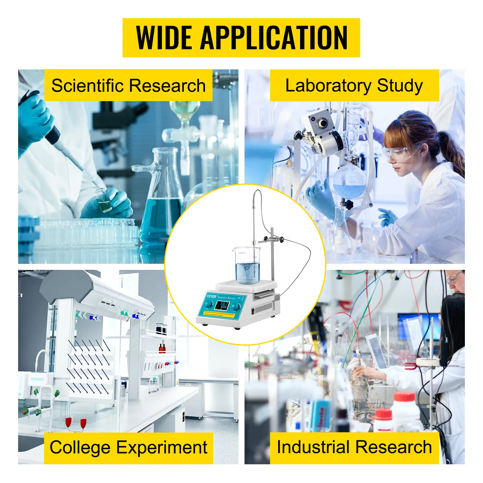 Placa calefactora agitadora magnética VEVOR utilizada en investigación científica e industrial.