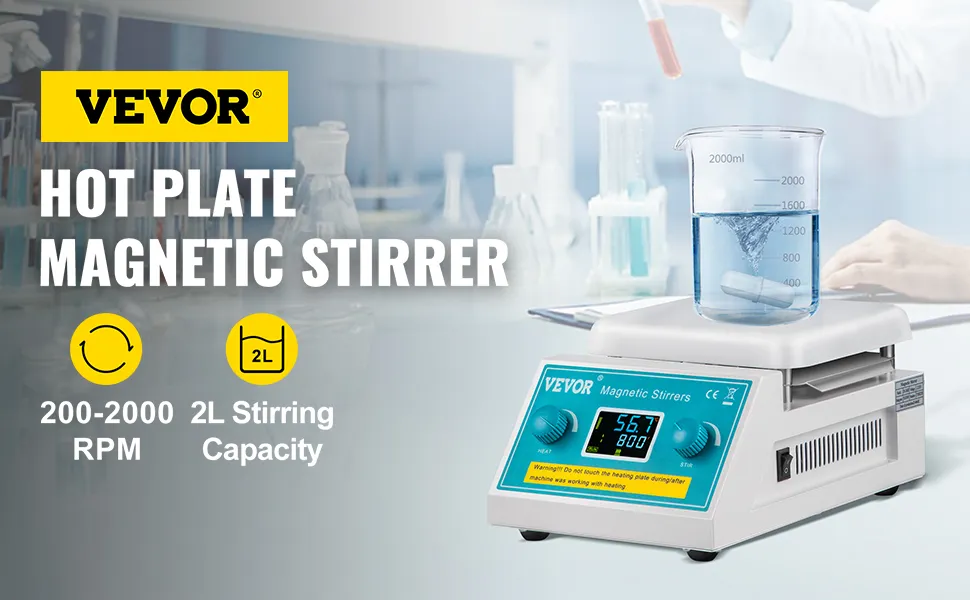 Placa calefactora con agitador magnético VEVOR con vaso de precipitados de 2000 ml en un entorno de laboratorio.