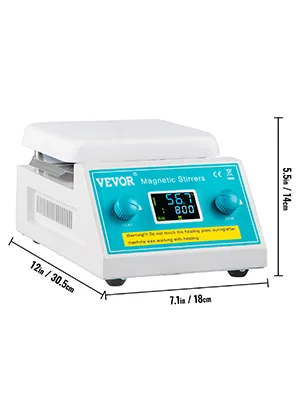 Placa calefactora agitadora magnética VEVOR mostrada con dimensiones: 12 pulgadas x 7,1 pulgadas x 5,5 pulgadas.