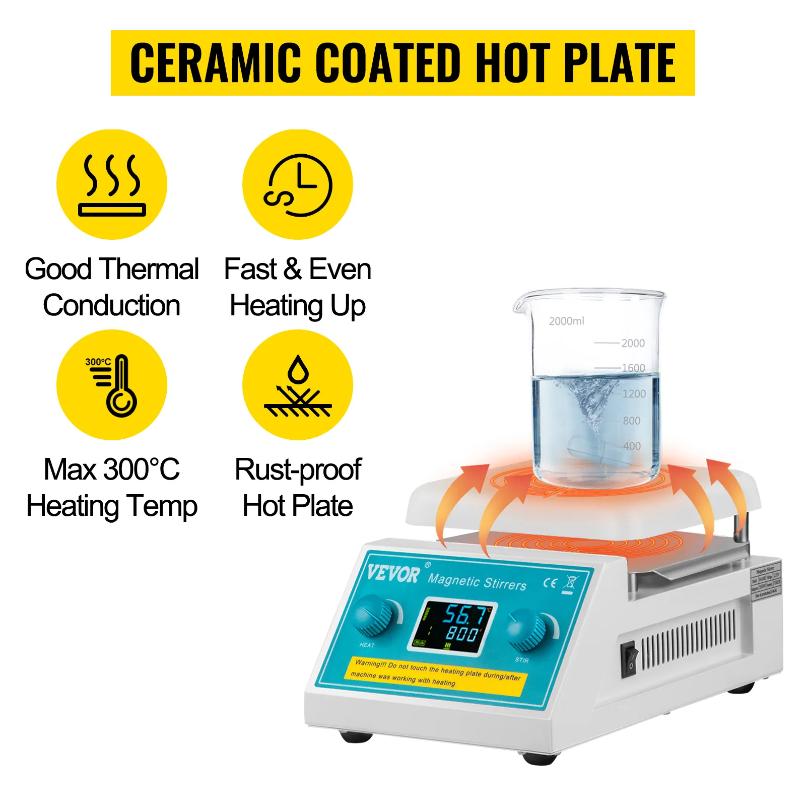 Placa calefactora agitadora magnética VEVOR con revestimiento cerámico, visualización de características y temperatura.