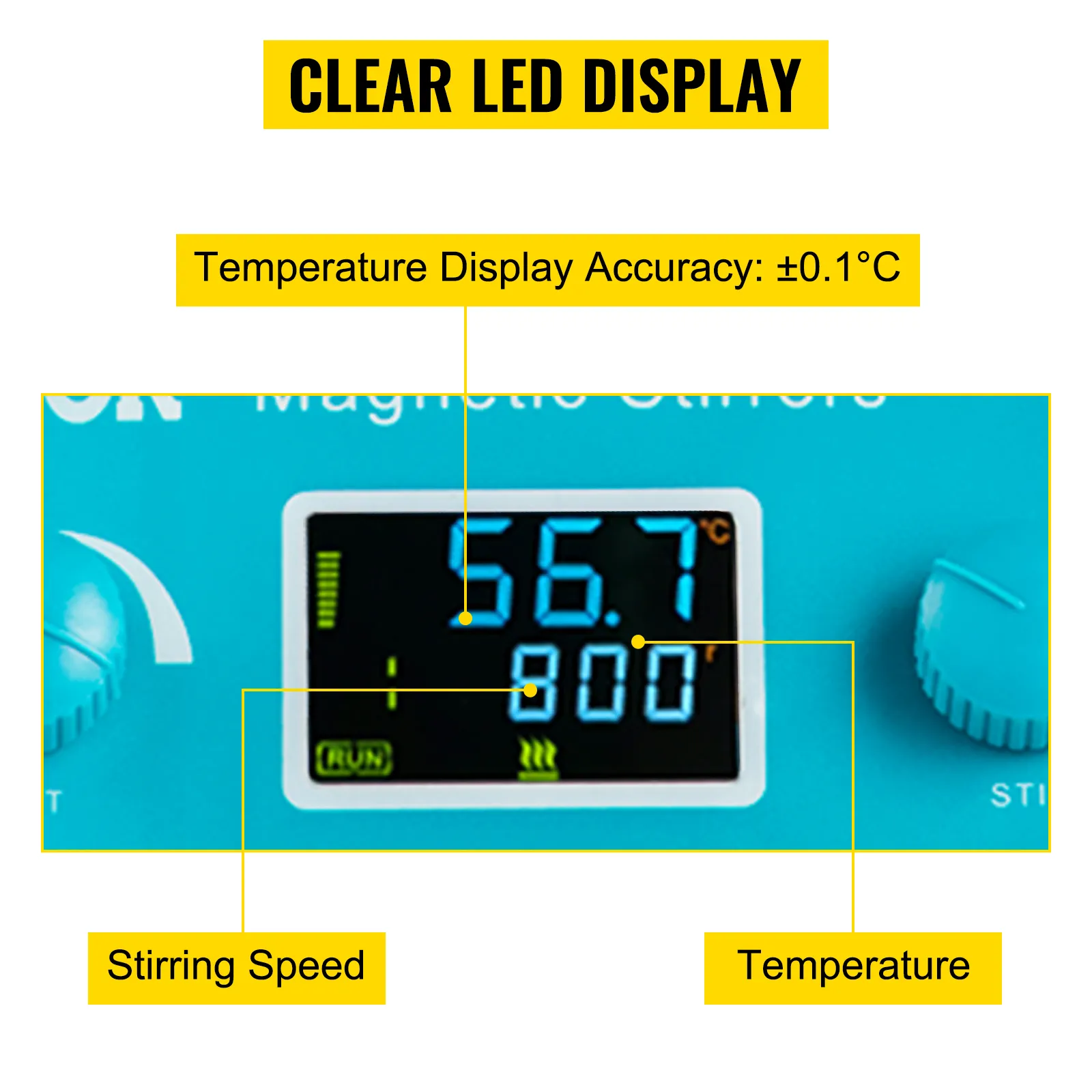 Pantalla LED clara de la placa caliente del agitador magnético VEVOR que muestra la temperatura y la velocidad de agitación.