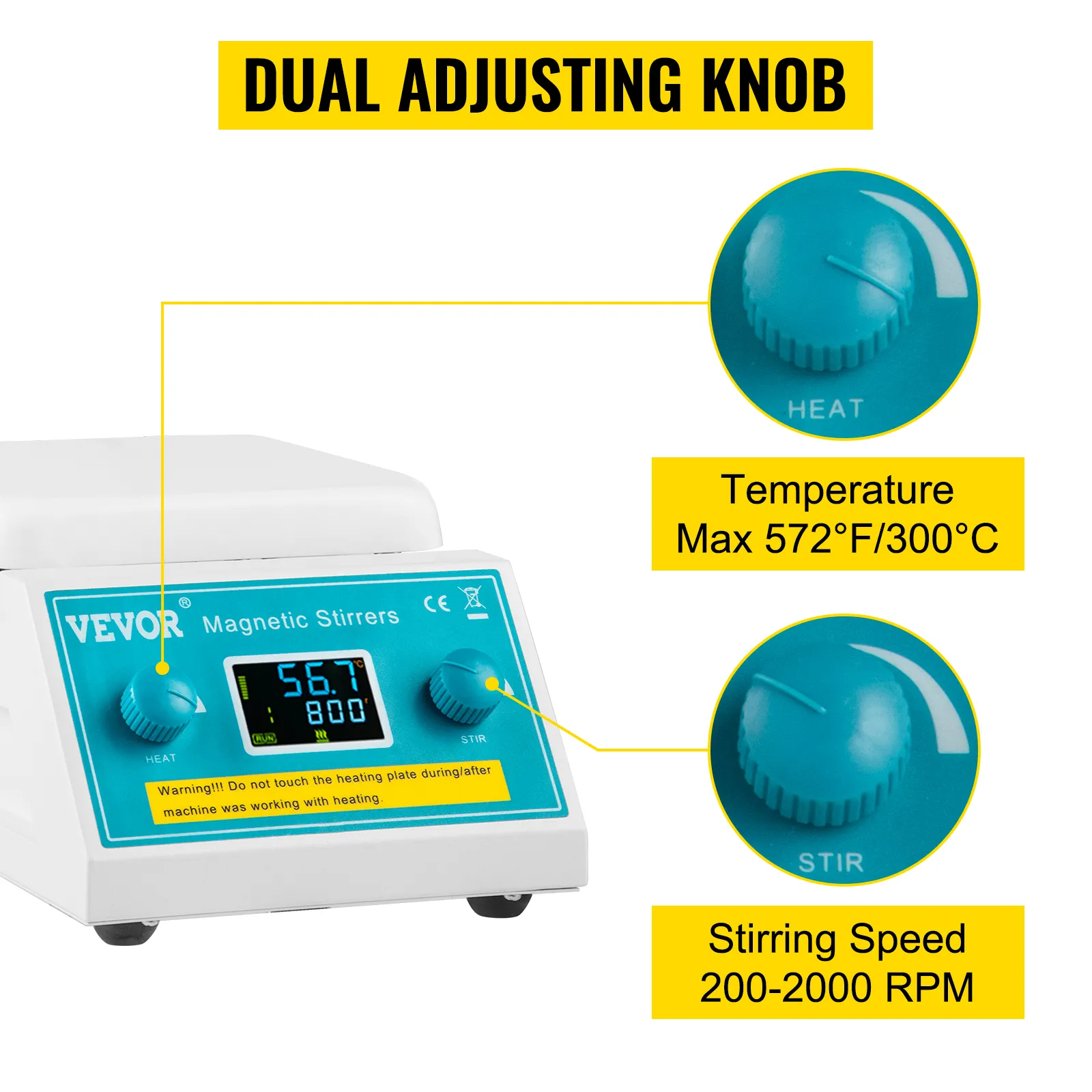 Placa calefactora con agitador magnético VEVOR con perilla de ajuste doble, máx. 572 °F/300 °C, 200-2000 rpm