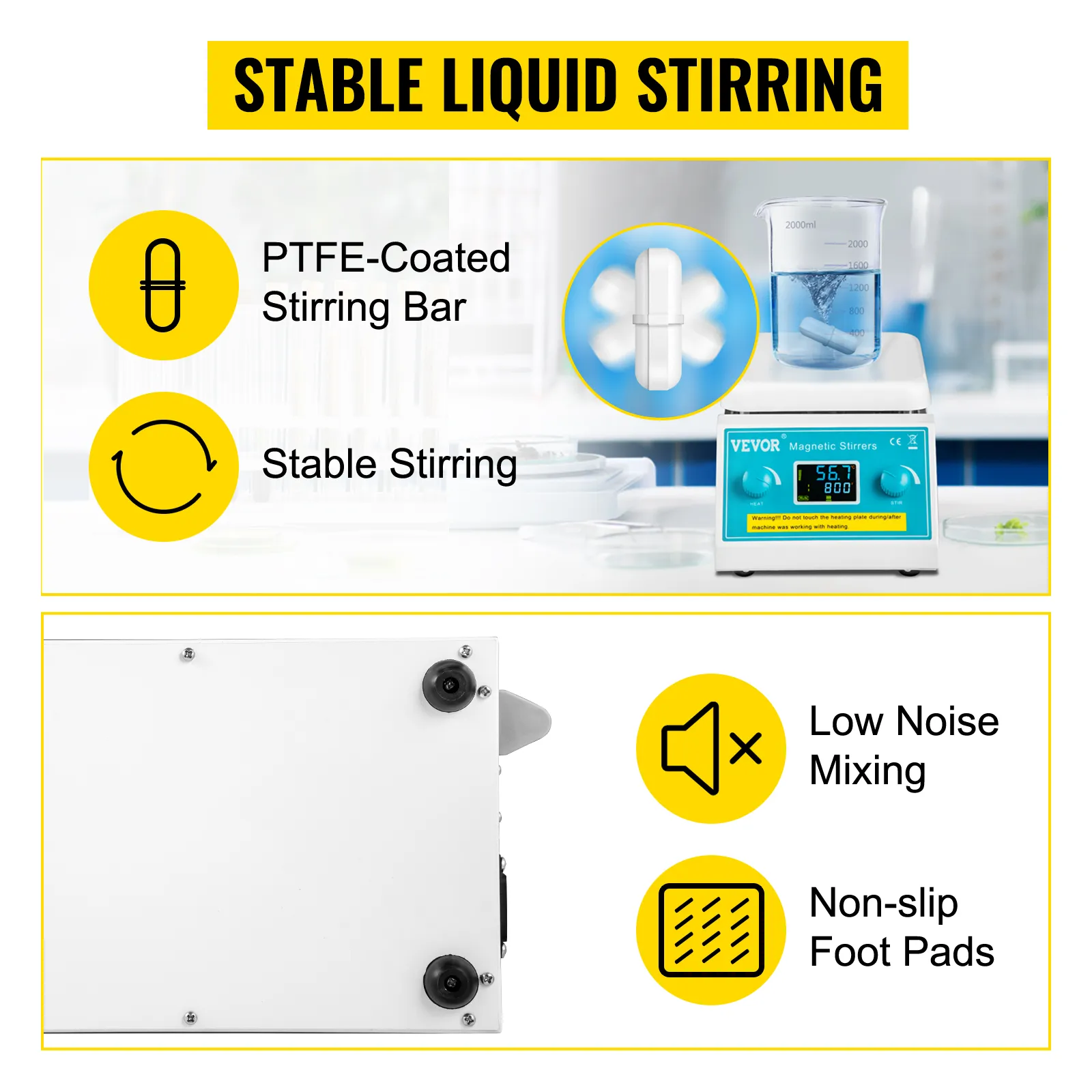 Placa calefactora agitadora magnética VEVOR con barra agitadora revestida de PTFE, almohadillas antideslizantes para los pies y bajo nivel de ruido.