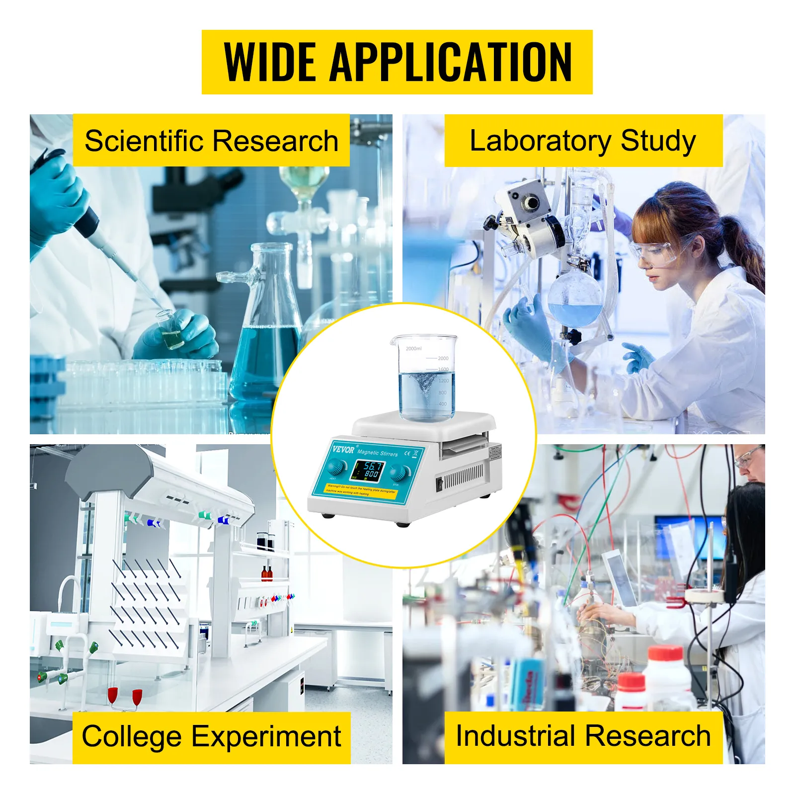 Placa calefactora agitadora magnética VEVOR utilizada en diversas aplicaciones científicas e industriales.
