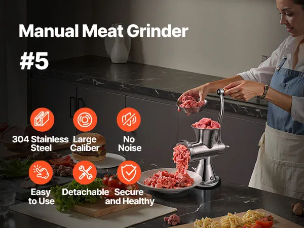 VEVOR Fleischwolf, handbetrieben mit Wurstfüllrohren, zum Zerkleinern von Fleisch und Gemüse.