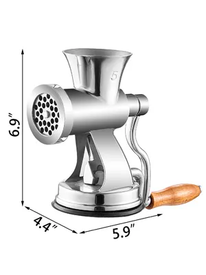 Picadora de carne VEVOR con dimensiones de 6,9" x 4,4" x 5,9", con metal pulido y mango de madera.