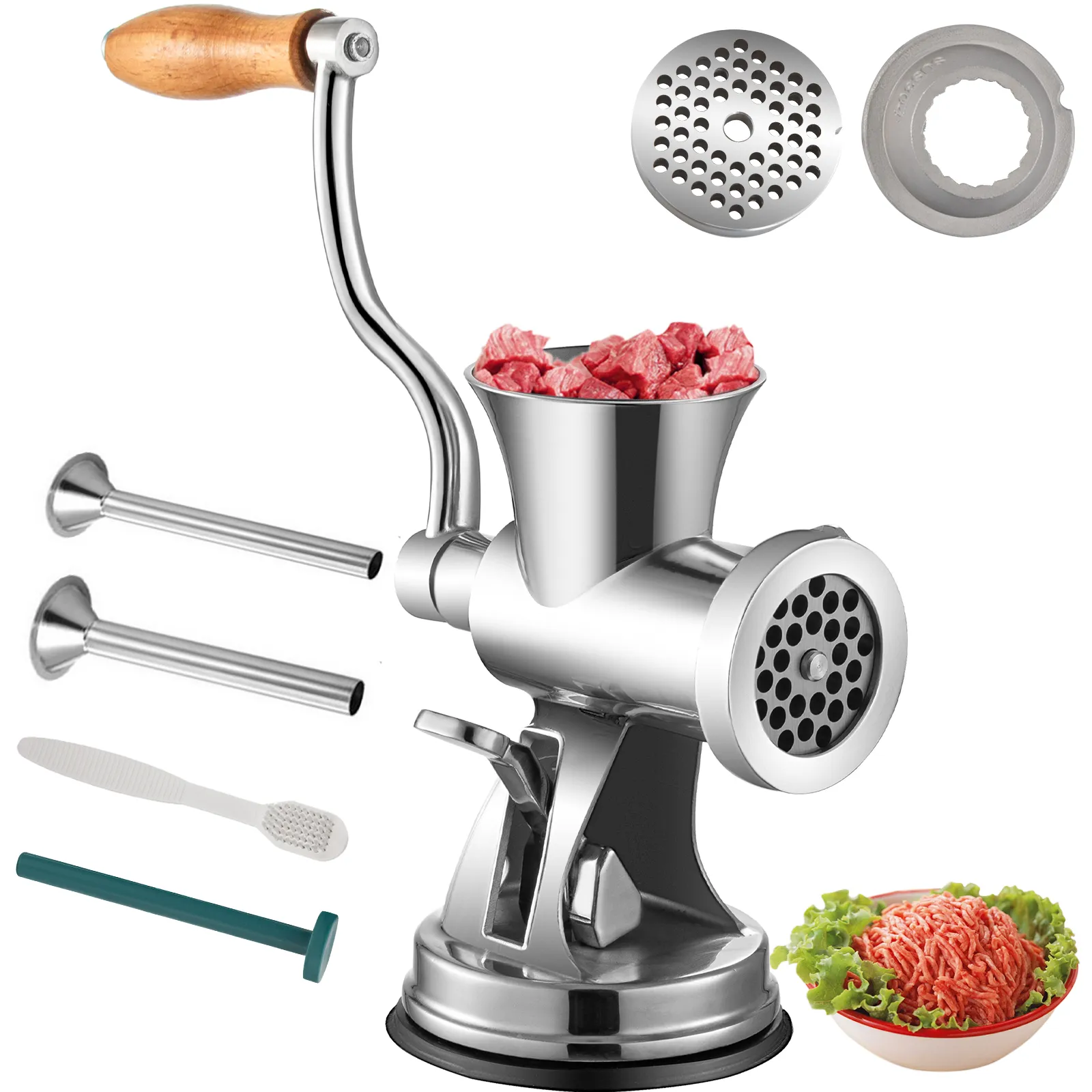 Picadora de carne VEVOR con múltiples accesorios y carne molida fresca.