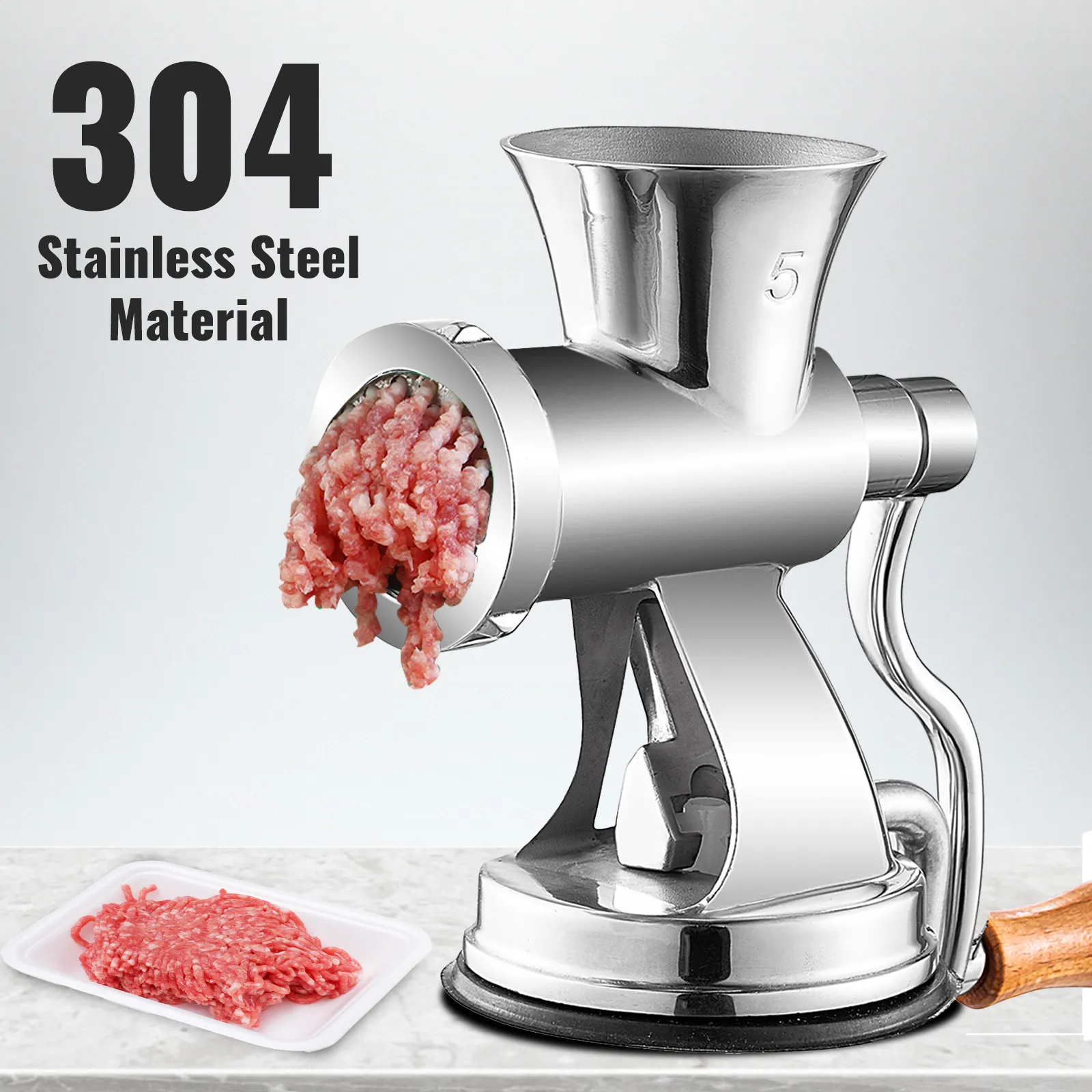 Picadora de carne VEVOR de acero inoxidable 304 que muele carne fresca.