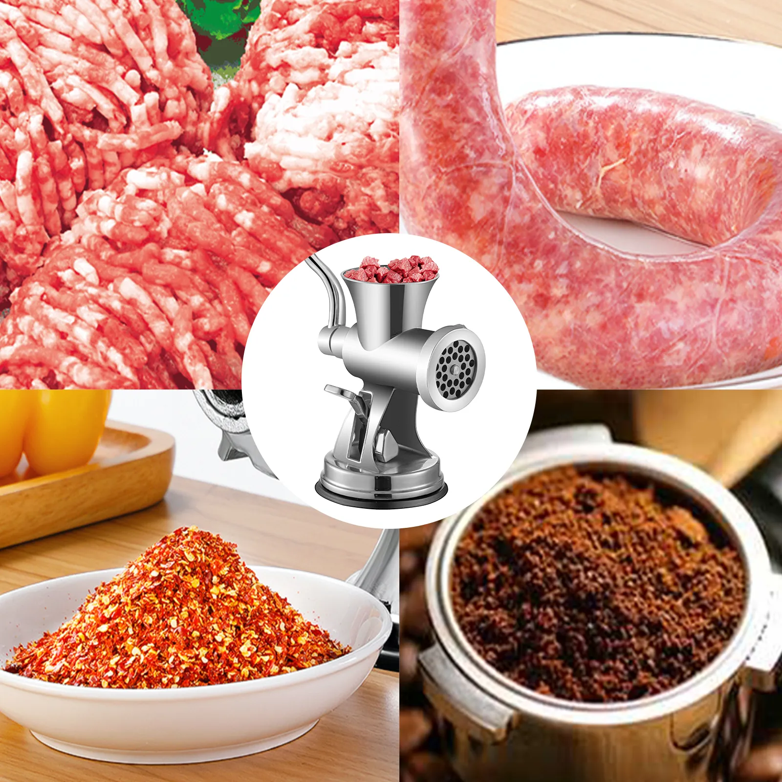 Picadora de carne VEVOR con carne picada, salchichas, especias y condimentos.