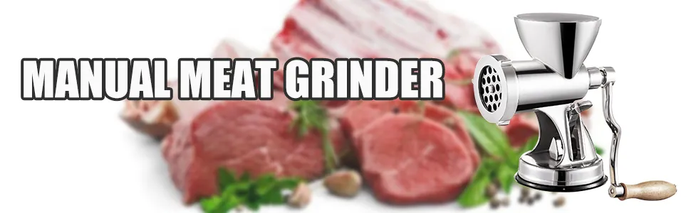 VEVOR meat grinder with wood handle and fresh meat in the background.