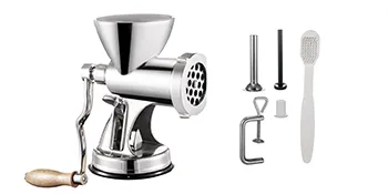VEVOR meat grinder with hand crank and accessories, including brush and sausage tubes