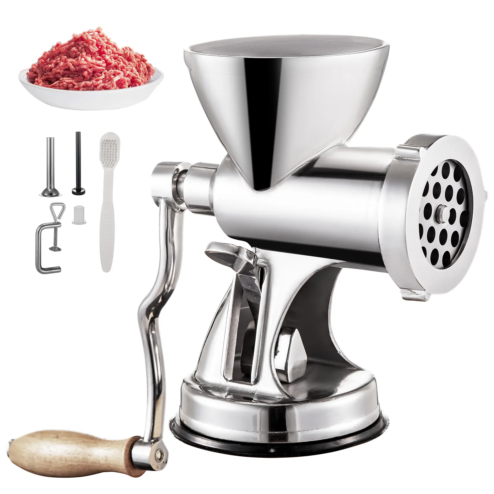 VEVOR meat grinder with accessories and a bowl of minced meat.