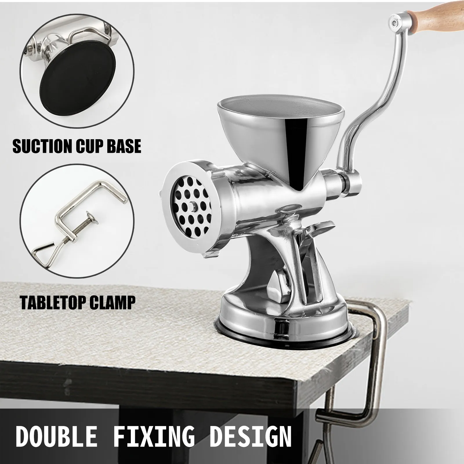 VEVOR meat grinder with double fixing design: suction cup base and tabletop clamp.