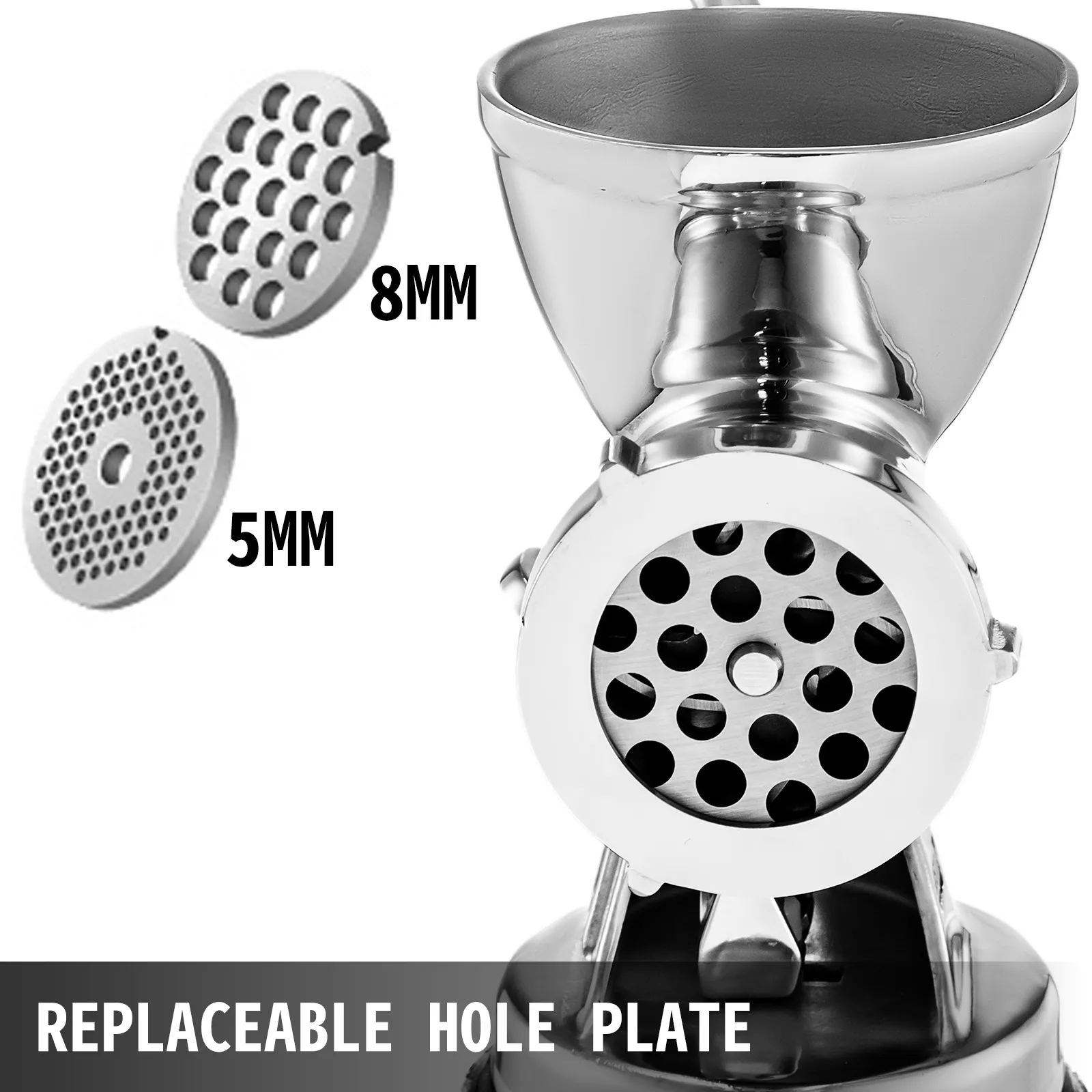 VEVOR meat grinder with replaceable 5mm and 8mm hole plates.