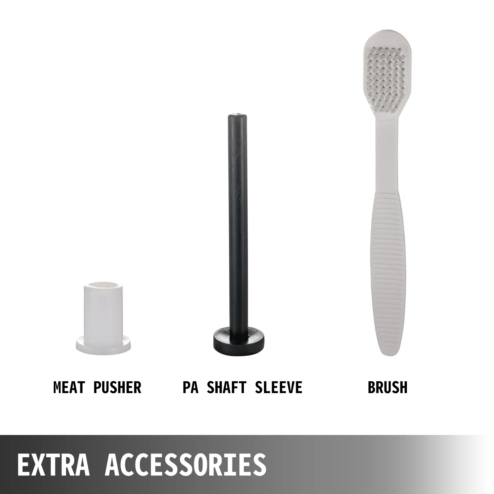 VEVOR meat grinder accessories: meat pusher, pa shaft sleeve, brush.