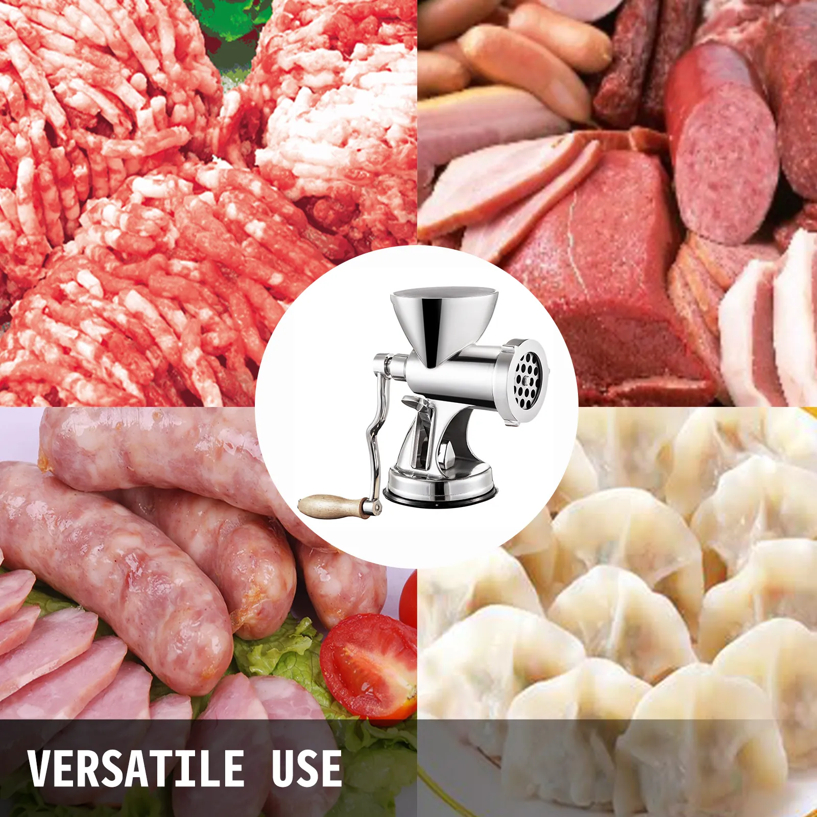 VEVOR meat grinder with assorted meats, sausages, and dumplings for versatile use.