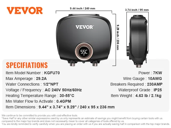 VEVOR Tankless Water Heater Electric, 7kw On Demand Instant Under