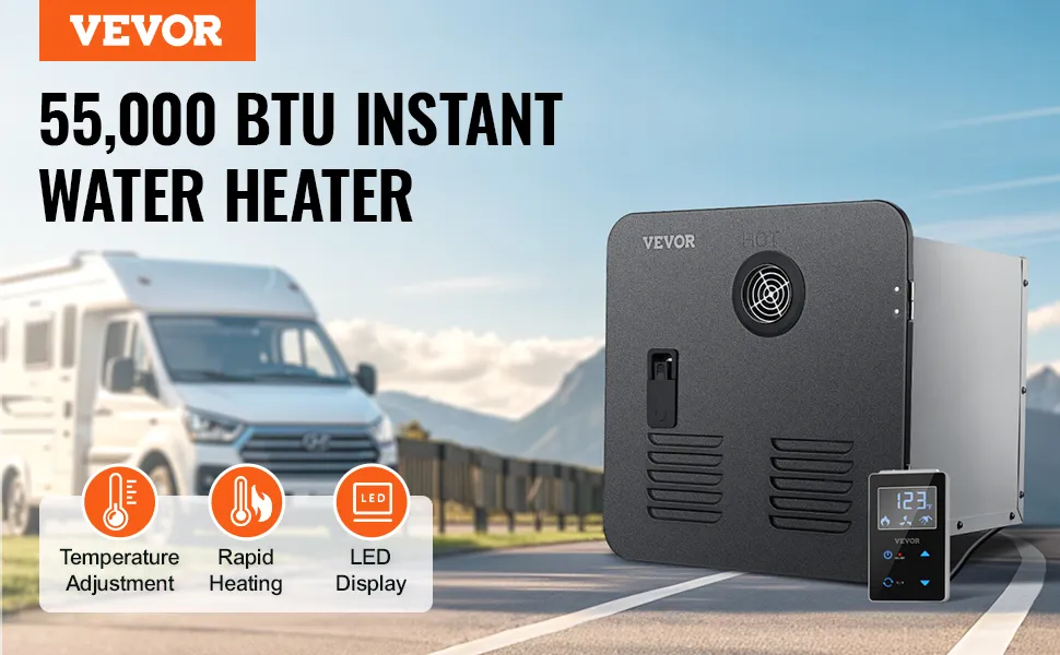 VEVOR RV Tankless Water Heater, Instant Shower with 15 x 15 inches Black Door and Remote Controller, 55000BTU Optimized Comfort Performance Hot Water, Ideal for RVers' Family Everyday Use