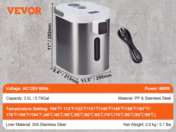 Dispensador de agua caliente VEVOR con capacidad de 3,0l, temperatura ajustable y revestimiento de acero inoxidable.