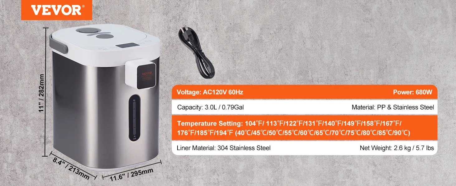 Dispensador de agua caliente VEVOR con capacidad de 3,0l, temperatura ajustable y revestimiento de acero inoxidable.