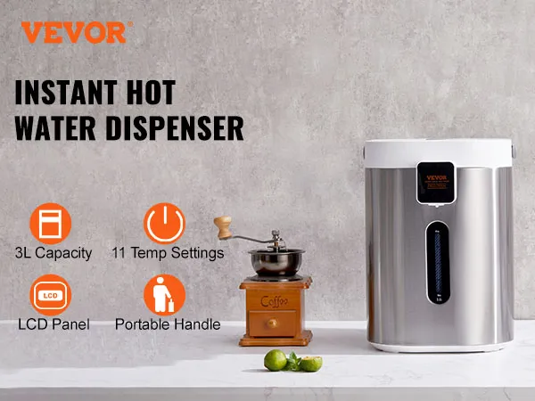 Dispensador de agua caliente VEVOR, capacidad de 3 l, 11 configuraciones de temperatura, panel LCD, asa portátil, con configuración para té.