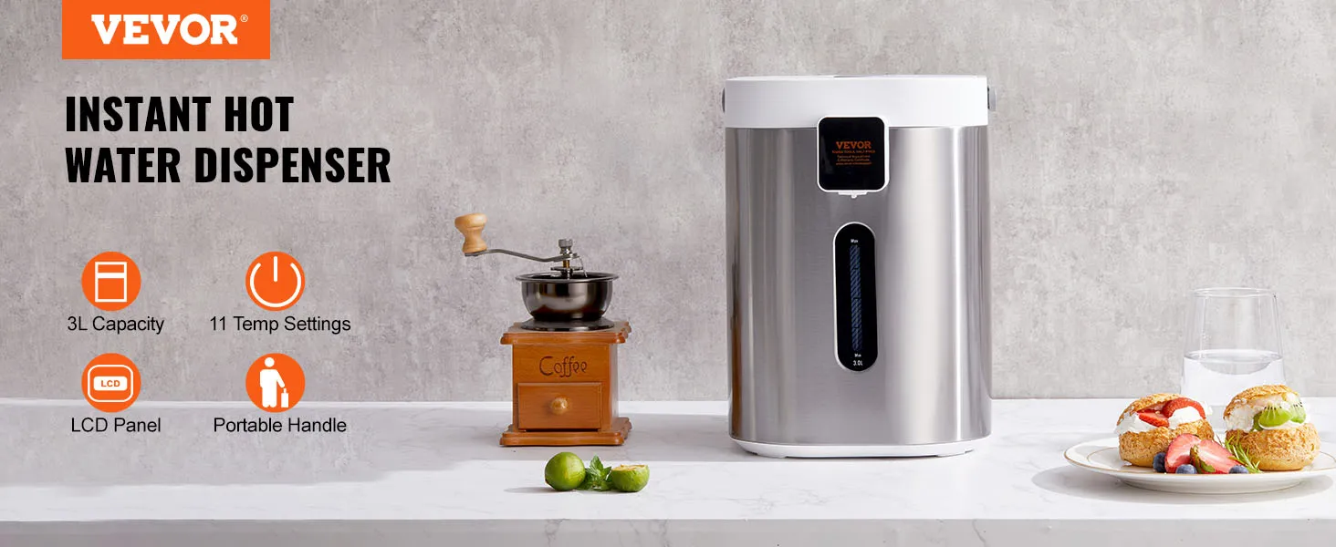 Dispensador de agua caliente VEVOR, capacidad de 3 l, 11 configuraciones de temperatura, panel LCD, asa portátil, con configuración para té.